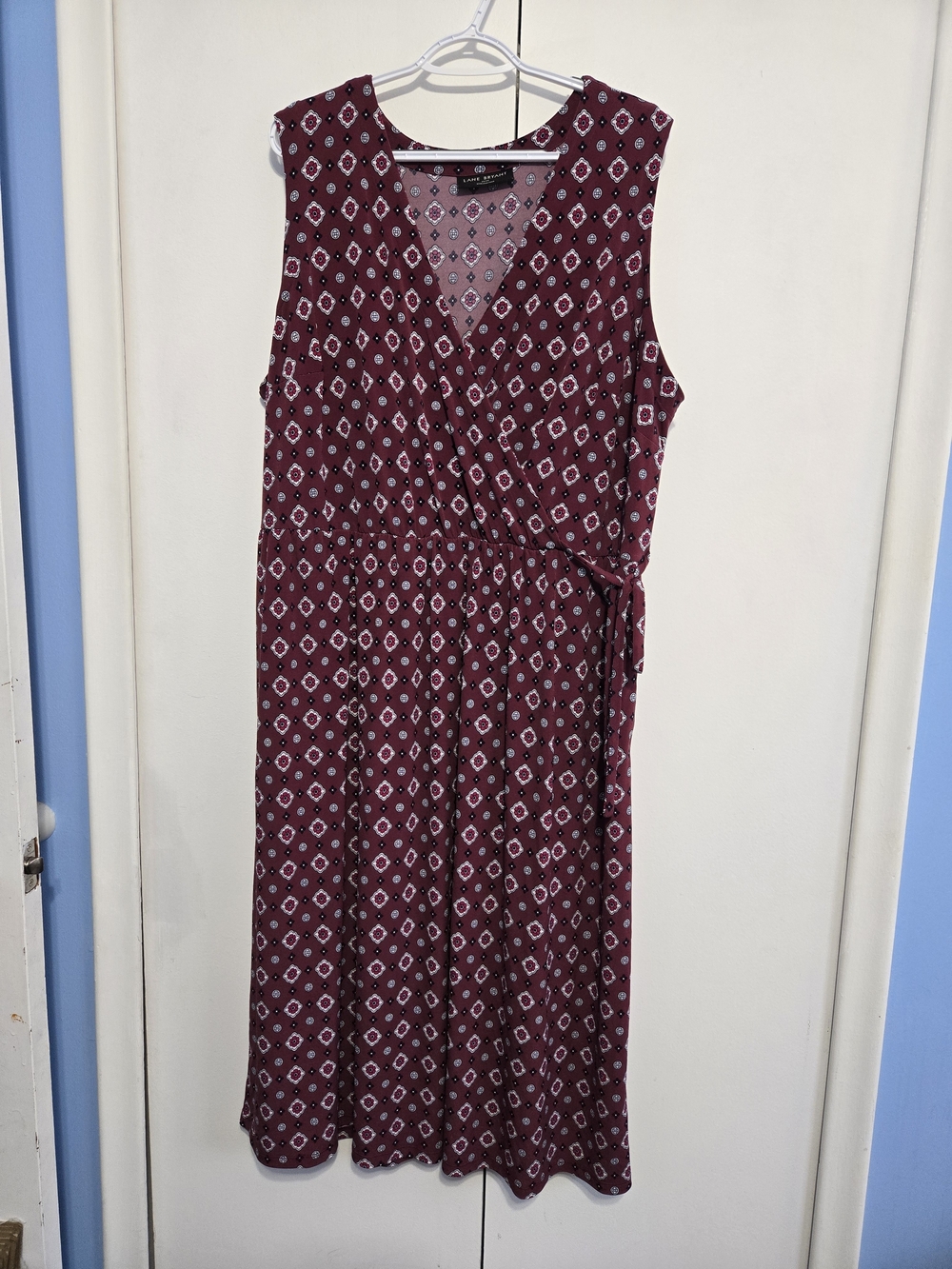 Lane Bryant 22/24 Faux Wrap Midi Dress Burgundy Geo Print Plusâ Size